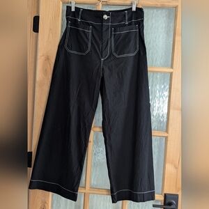 Maeve Black Ankle-Length Wide-Leg Pants with Contrast Stitching